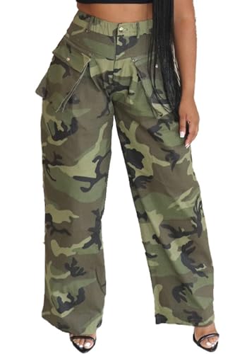 Women's Camo Cargo Pants Y2K High Waisted Wide Leg Baggy Army Fatigue Trousers with Pockets Sweatpants