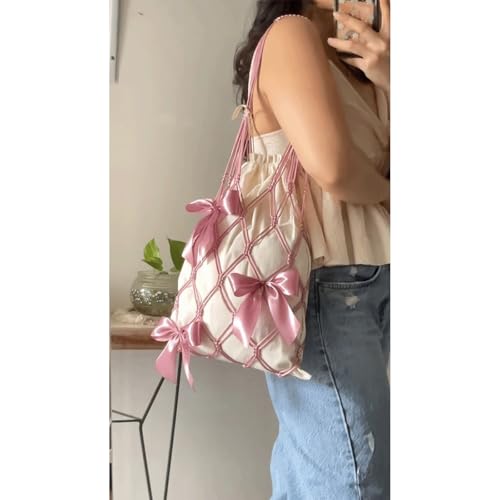 Bow Purse Woven Bow Shoulder Bag with Ribbon Bowknot Cute Medium Satin Drawstring Handbag Trendy Gift for Women2