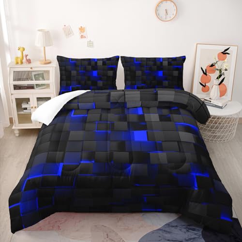 Nttopship Geometric Blue Black Comforter Set,Light Honeycomb 3 Piece Bedding Set Full Size For Teen Boys,Modern Quilt Set Geometry Decor,Microfiber Lightweight 1 Comforter 2 Pillowcases All Season thumb #1