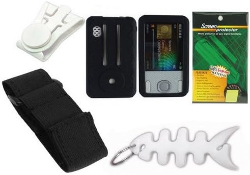 TPA STORE - Accessory Combo Kit for Creative Zen X- Fi Style 4gb 8gb 16gb 32gb 64gb Video Music Mp3 Player: Includes Black Durable Flexible Soft Silicone Skin Case, Premium Reusable LCD Screen Protector, Elastic Armband, Belt Clip, Fishbone Style Keychain