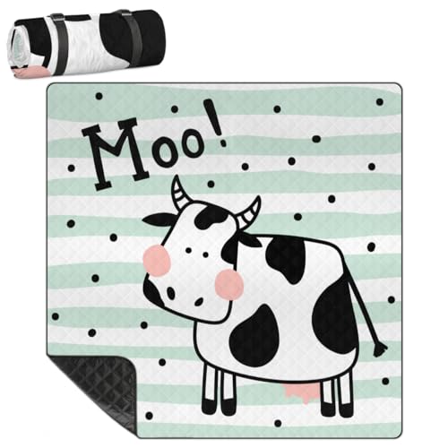 Shimoshe Extra Large Picnic Blankets 79”x 79”, Cartoon Cow Waterproof Foldable Picnic Mat with Straps Portable Beach Blanket for Camping Park Grass Beach Indoor