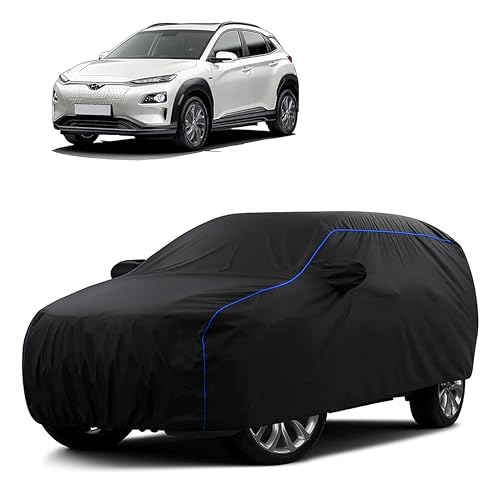 Image of Sulfar 100% Water Resistant Car Body Cover Compatible with Mirror for Hyundai kona (Triple Stitched, Full Bottom Elastic, Black Tafetta with Blue Piping)