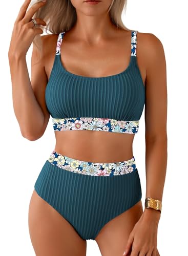 Image of Herseas Women's Textured Bikini Sets Floral Print Trim Scoop Neck Swimsuits High Waisted Bathing Suits