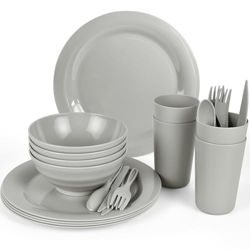 Vumdua 24 PCS Plastic Plates and Bowls Sets Unbreakable Dinnerware Sets for 4 Plastic Dish Set for Camping RV Apartment Dorm Room Essentials Microwave Reheat & Top Rack Dishwasher Safe
