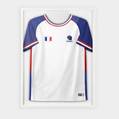 ACAZA Cadre Maillot Foot 60x80cm, Grand Cadre 3D Football, Basket, Rugby et Cyclisme, Vitrine pour t-Shirt Adulte, Bois et Verre Acrylique, Blanc