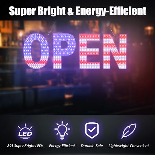 Image of LED Open Signs for Business,Thirdpolite 30x10 inch Large Dimmable Bright Light Up Big Open Sign 3-Modes Flashing Light Plug In Electric for Bar,Salon,Store,Retail Shop,Cafe,Window Storefront (US Flag)