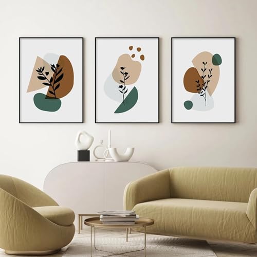 Peinture sur toile de feuilles géométriques abstraites pour un salon scandinave chaleureux