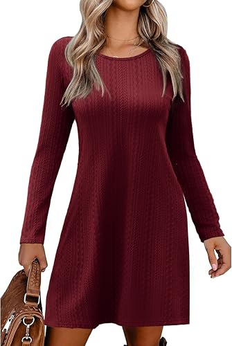 Zeagoo Damen Kleid Herbst Langarm Lässige Freizeitkleid Elegant Kleider Einfarbige Rundkragen Minikleid Weinrot M