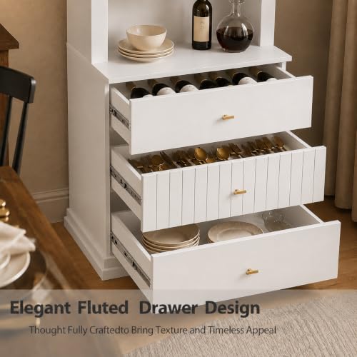 Image of ivaniti 71 inch Arched Kitchen Pantry Cabinet Set of 3 with 9 Drawers, White Freestanding Storage Hutch with Open Shelves and Gold Handles for Kitchen, Dining Room