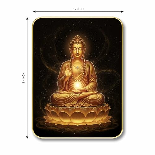Image of SAF Golden Buddha Wall Art with Table Top Stand & Wall Hanging Hole | MDF Meditating Buddha Lotus Painting for Home Mandir Living Room Office Decor