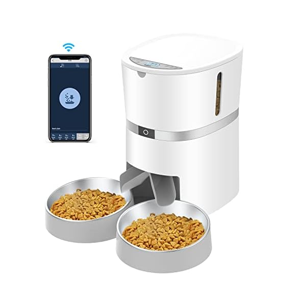 Distributeur Croquettes Chat Automatique 4L pour Chats & Chiens | Intelligent WiFi 2.4G | contrôle APP | Programmable | Bols Doubles | Fonction d&rsquo;enregistrement 10s | Max.6 Repas (Blanc)