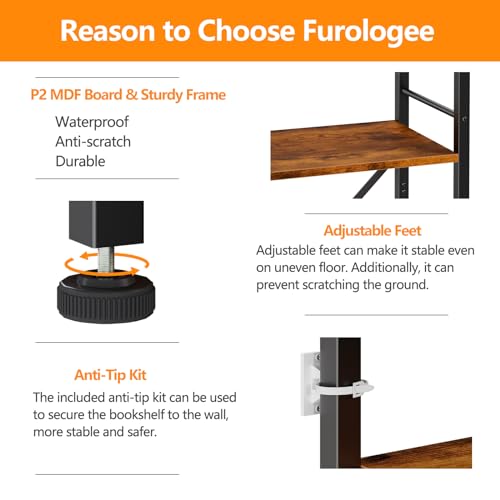 Furologee 6 Tier Tall Bookshelf, Industrial Narrow Bookcase, Display Standing Shelf Units, Metal And Wood Storage Rack Organizer For Living Room thumb #5