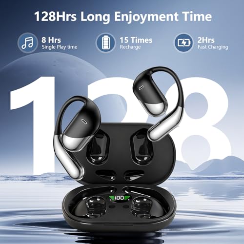 Image of Open Ear Clip Wireless Earbuds Bone Conduction Headphones, Bluetooth Built-in Mic, Waterproof, LED Display Charging Case,Ear Hooks Ear Buds, Ultra-Comfort Design for Running /walking /office /workout