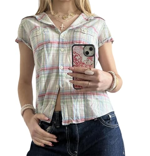 Image of Y2k Girls Vintage Coquette Button Down Shirt Women Short Sleeve V-Neck Slim Fitted T-Shirt Cute Blouse Crop Top