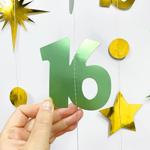 Image of Sage Green Gold Number 16 Circle Dot Twinkle Star Garland Streamer Bunting Banner Backdrop Decorations for Girls Happy 16th Birthday Sweet Sixteen 16th Anniversary Cheers to 16 Years Party Decor