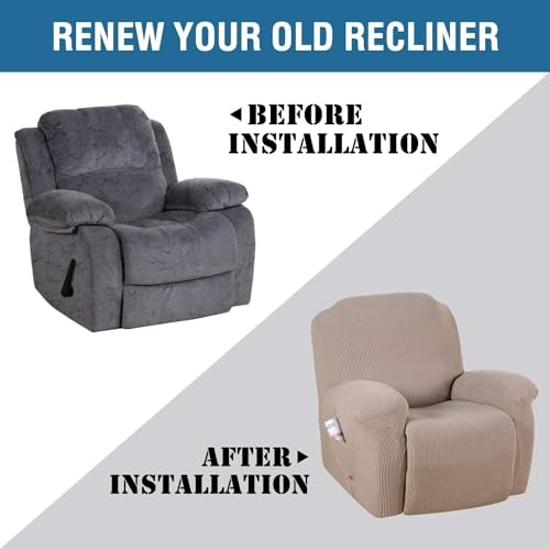 Image of H.VERSAILTEX Stretch Recliner Slipcovers 1-Piece Durable Soft High Stretch Jacquard Sofa Furniture Cover Form Fit Stretch Recliner Cover /Protector (Recliner, Sand)