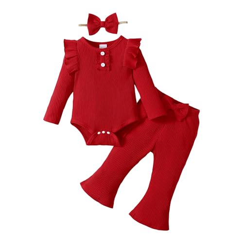 Image of YWFSHOP Baby Girl Clothes Ruffle Long Sleeve Romper and Flare Pants Set 3 Piece Girls Fall Winter Outfits