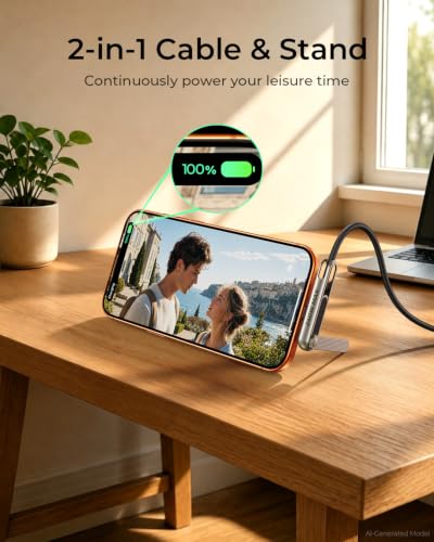 4' Mrglas 240W USB-C Charging Cable w/ Built-In Phone Stand & 90° Connector - image 3