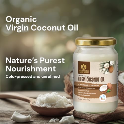 Image of Maharishi Ayurveda Organic Certified Virgin Coconut Oil | Cold-Pressed, Unrefined & Chemical-Free | For Cooking, Skin & Hair Nourishment | 500 ml (Glass Jar) Pack of 2
