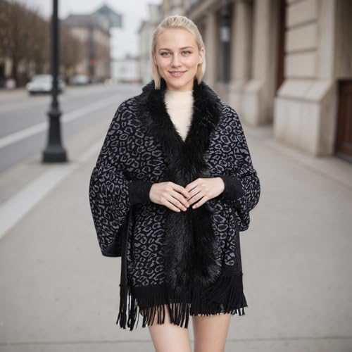 Women Leopard Tassels Faux Fur Shawl Coat Casual Batwing Sleeve Artificial Fur Collar Cloak Outwear for Winter Fall4