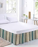 Teal Blue Green Striped Boho Bed Skirt Queen Size 18 Inch Drop,Adjustable & Elastic Wrap Around Bed Skirts Luxury Ruffles for Twin Full Queen Cal King Bed,Antique Southwestern Native Pattern Tribal