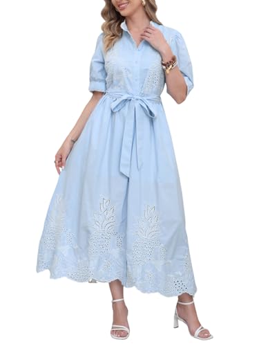 utcoco Women's Embroidered Eyelet Shirt Dresses Belted Puff Sleeve Button Down Swing Boho Cotton Maxi Shirt Dress