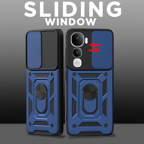Image of Pikkme Back Cover for Vivo Y400 5G | 360 Protection Case | Sliding Camera Shield Cover & Ring Holder Stand D10 Tough Armor Bumper Case (Blue)