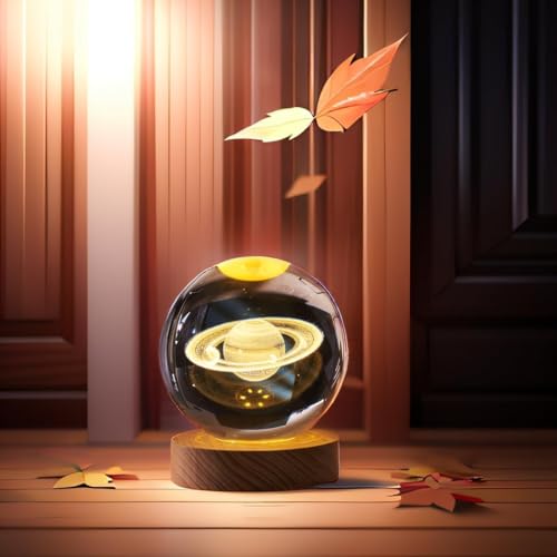 Image of 3D Saturn Crystal Globe Lamp | Engraved Crystal Ball Night Light with Wooden Base | USB LED Table Lamp for Bedroom, Office, Home Decor & Gift Purpose (Saturn, Warm White)