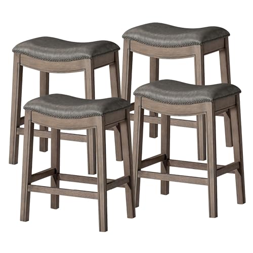 Image of Maven Lane Adrien Backless Counter Stool - Set of 4 - 26 Inches - Saddle Stool with Footrest - Grey Solid Wood Frame & Grey Faux Leather Upholstery - Perfect for Kitchen Islands & Counters