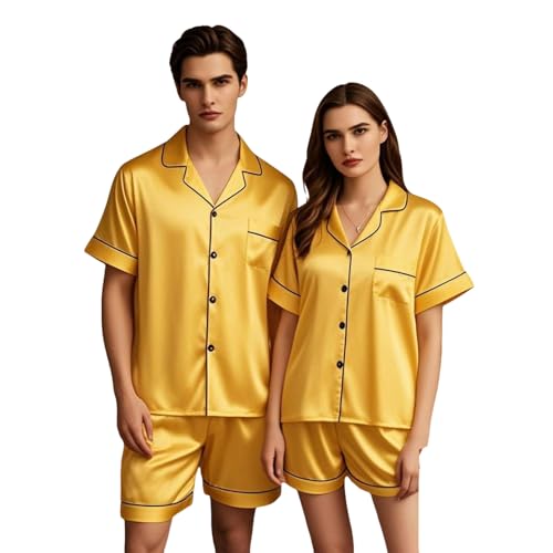 Matching Satin Pajamas for Couples - Women & Men Short Sleeve Button-Down Silk PJs,Soft Holiday Pajama Sets