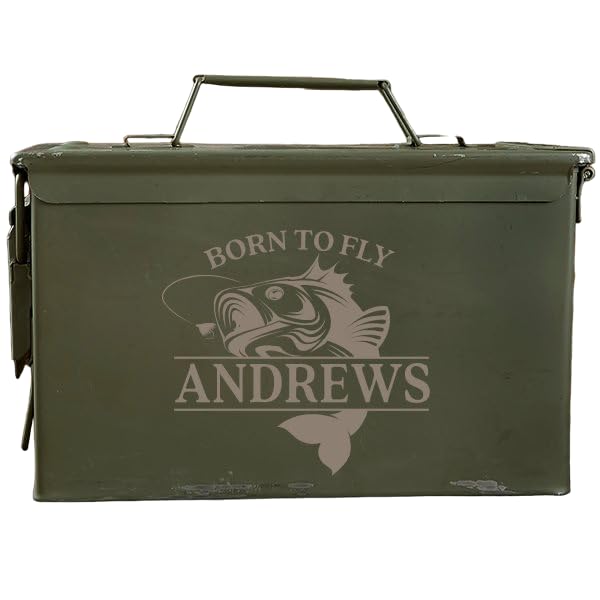 Personalization Universe Fly Fishing Personalized Ammo Box - Military Surplus Ammo Can, Steel Construction, Ideal for Ammo Storage, Outdoorsy Gift for Men, Made in USA, 50 Cal Ammo Can