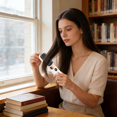 Plancha para el cabello inalámbrica con cepillo, recargable por USB-C con 4 temperaturas y pantalla digital miniatura 5