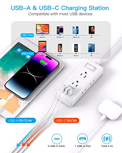 Hanycony Flat Plug Power Strip, Ultra Thin Extension Cord, 6 Outlets 3 Usb Ports(2 Usb C), 5Ft Multiple Outlet Extender With Wall Mount No Surge Protector For Dorm Room thumb #2