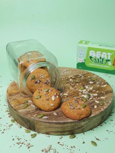 Image of BEAT GUILT Super Seeds Mix Cookies | 12g Protein, 11g Fibre per 100g | No Maida, Sweetened with Jaggery | Atta, Oats, Ragi, Sesame & Muskmelon Seeds | Under 100 Kcal Each | Pack of 3, 342g