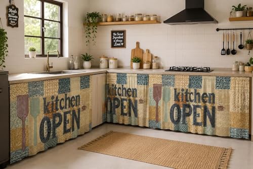 Image of Premium Printed Kitchen Sink Curtain | Washable & Dustproof Rod Pocket Counter Skirt | Perfect for Any Sink,Counter | Multicolor Cooking (Kitchen Open, Pack of 1)