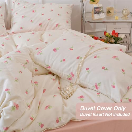 Image of Duvet Cover Set King Size,White Pink Floral Bedding Duvet Cover with Tulip Pattern,Soft Microfiber Comforter Cover with Zipper Closure and 2 Pillow Shams