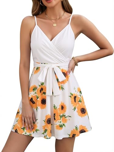 Image of ECOWISH Summer Dresses for Women 2026 V-Neck Spaghetti Strap Bowknot Backless Sleeveless Lace Mini Swing Skater Dress
