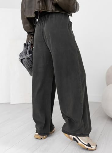 Sidefeel Women's High Waisted Wide Leg Jeans 2024 Summer Drawstring Denim Pants Black Size 42