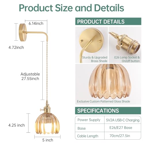 Image of Shenmoyl Battery Operated Wall Sconce with Amber Tulip Shade Pattern Glass Adjustable Chain Retro Gold Wall Mounted Light, Modern Wall Decor for Bedside Bedroom Indoor Doorway， Set of 2
