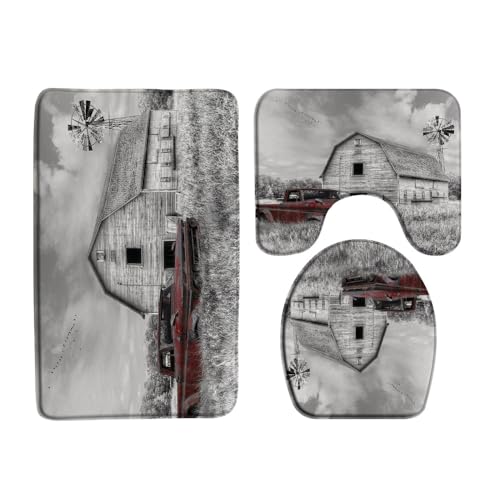 FGYGYK Vintage Farm Truck 3 Pcs Bath Rugs Set,Old Antique Car Rustic Barn Wooden Windmill American Farmhouse Country Bathroom Kitchen Rug with 16
