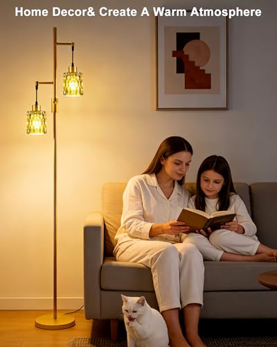 Image of 65IN Glass Floor Lamp, 2-Light Gold Standing Tall Lamps Dimmable with Green Glass Lampshade, 3000K Warmwhite Mid Century Modern Floor Lamp with 5Lbs Heavy Base for Living Room /Bedroom /Corner