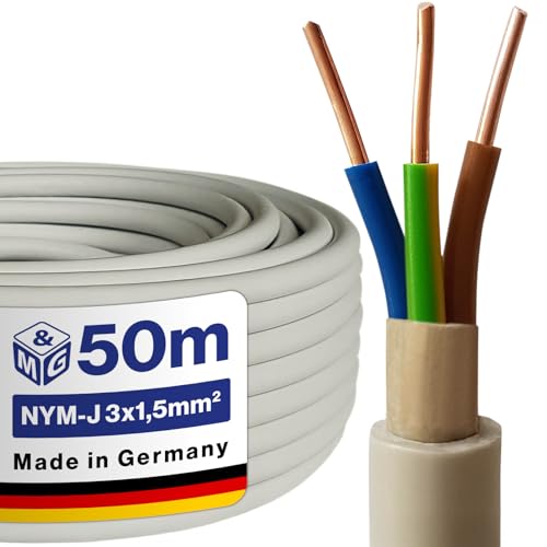 M&G Techno NYM-J 3x1 5 mm Stromkabel 3 Polig NYM Kabel 3 adrig Mantelleitung Erdkabel Elektrokabel Feuchtraumkabel elektrische Leitung 50m