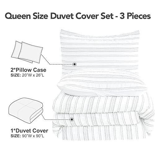 Py Home & Sports 3 Pieces Bedding Duvet Cover Set, Boho Tufted Stripe Queen Duvet Cover, Comforter Quilt Cover With 2 Pillow Shams-White #TOP2