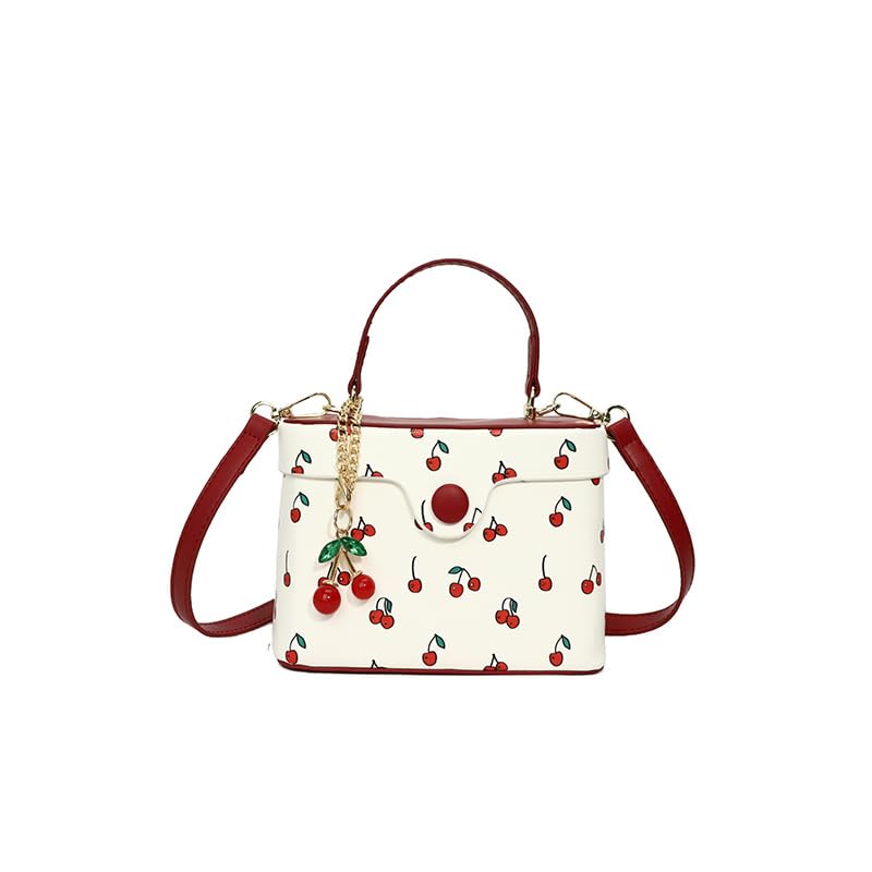 Women Casual Shoulder Bag Cherry Printed Trendy Crossbody Bag Contrast Color Cute Square Bag Travel Shopping Work Bag