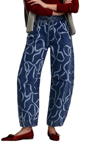 loveimgs Women Stretch Baggy Mid Rise Barrel Jeans Y2k Stripe Printed Wide Leg Denim Pants Boyfriend Drawstring Jeans