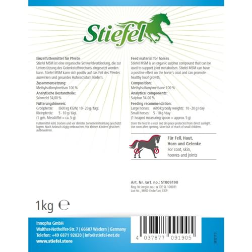 Foto von Stiefel MSM für Pferde, 100% naturbelassenes MSM, zur Unterstützung des Gelennkstoffwechsels, positiver Effekt auf Haut, Fell, Huf, Hufwachstum, 1kg