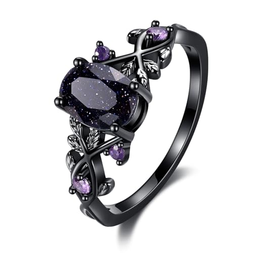 Blue Sandstone Gothic Leaf Ring for Women 18K Black Gold Plated Vine Promise Statement Ring Engagement Wedding Band Jewelry Gifts (7)