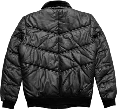 Image of F&F Classic Men's Premium Genuine Lambskin Aviator Style Puffer Fur Shearling Collar Leather Bomber Winter Fashion Jacket