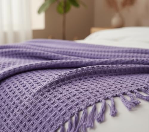 Image of Furnistitchs Bohemian Cotton Sofa Throw Blanket 50x60 inches | Waffle Knit & Chevron Pattern with Fringes | Aesthetic Decorative Couch Throw for Living Room & Bedroom (Lavender Purple)