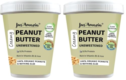 Image of Jus' Amazin Creamy Organic Peanut Butter - Unsweetened (1Kg Tub) | 31% Protein | Single Ingredient - 100% Organic Peanuts (no added Sugar /Salt) | Dairy Free | Keto | Clean Nutrition (Pack of 2)